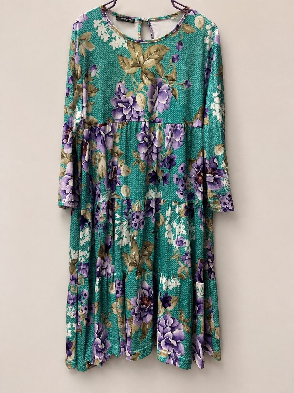 LOVEU.DEAR 2XL Teal Purple Floral Tiered Midi Dress Long Sleeve Boho Plus